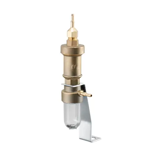 Oventrop Flüssigkeitssicherung mit transparentem Kondensatgefäß und Halterung zur Montage, ausgestattet mit Schlauchanschlüssen für 4 mm und 6 mm Rohre.